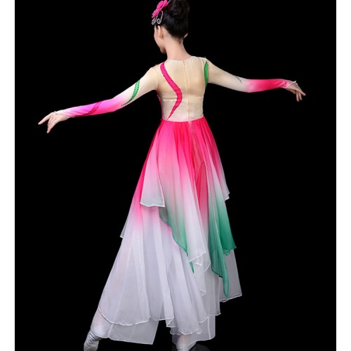 Women's pink colored chinese folk dance costumes hanfu fairy traditional classical dance dresses princess fan umbrella dance dresses